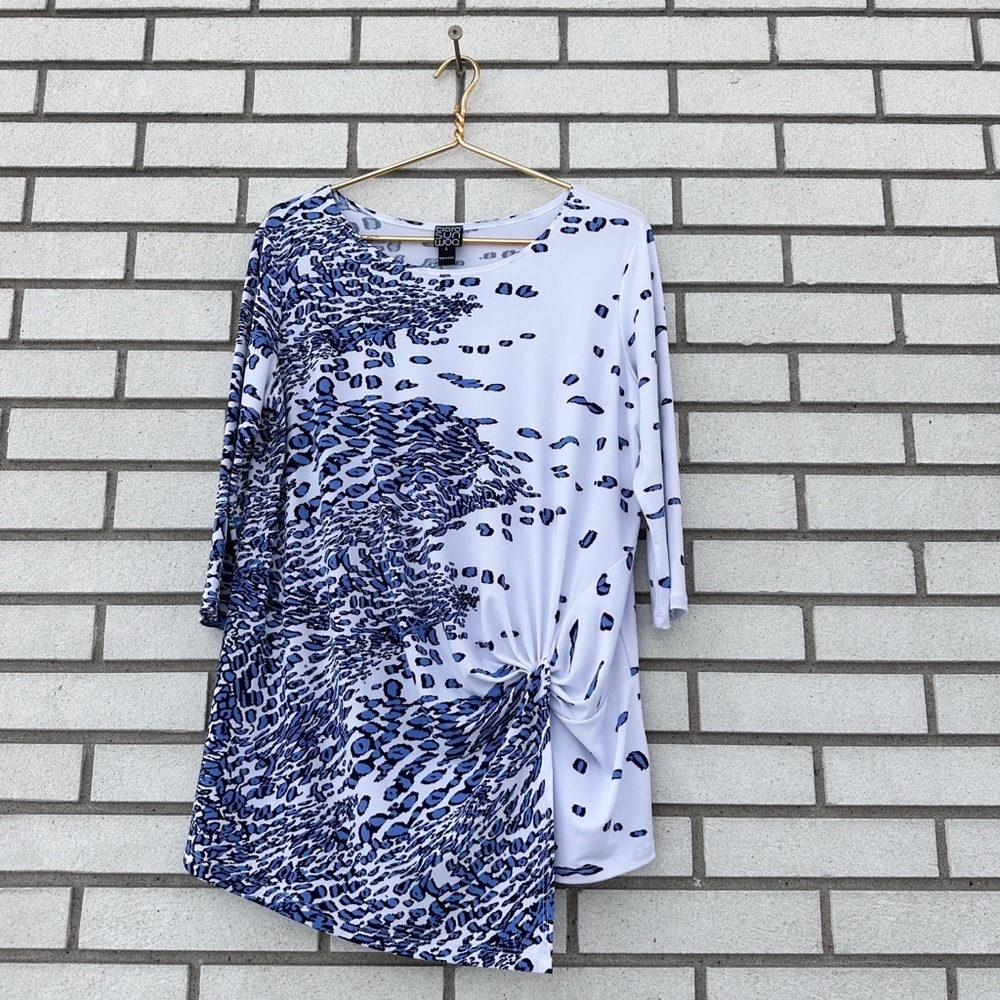 Clara Sun Woo Blue White Leopard Print Asymmetrical Knot Drape Tunic Top L